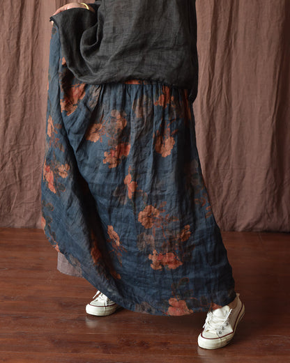 Skirt Ramie Flower Women Summer Loose Vintage