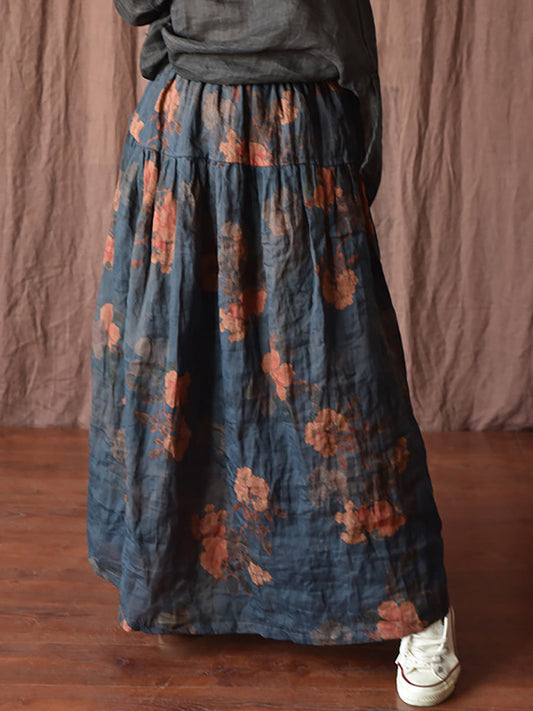 Skirt Ramie Flower Women Summer Loose Vintage