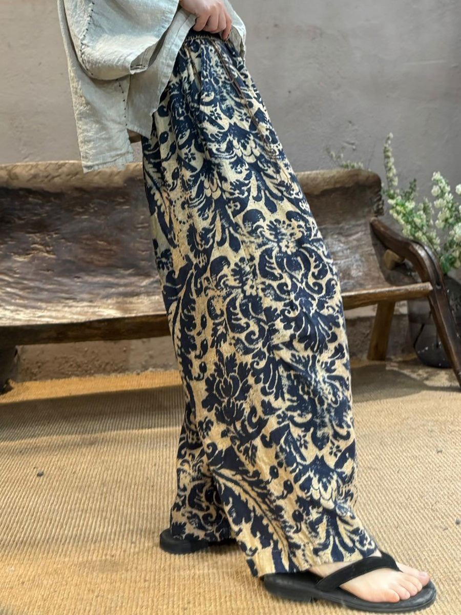 Retro Women Linen Flower Pants Summer Wide-leg