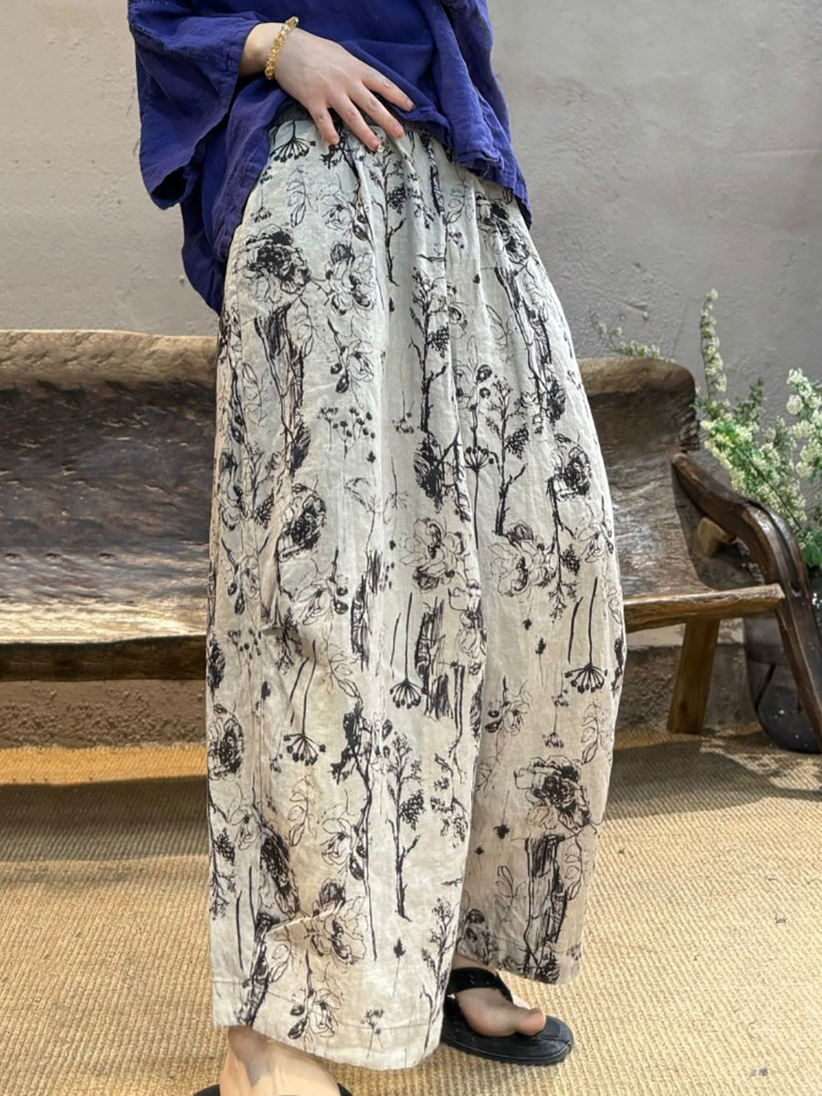 Retro Women Linen Flower Pants Summer Wide-leg