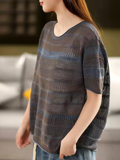 Summer O-Neck Stripe Shirt Knitted Casual Women