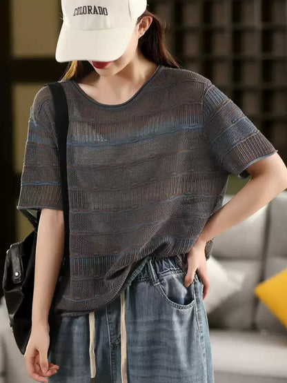 Summer O-Neck Stripe Shirt Knitted Casual Women