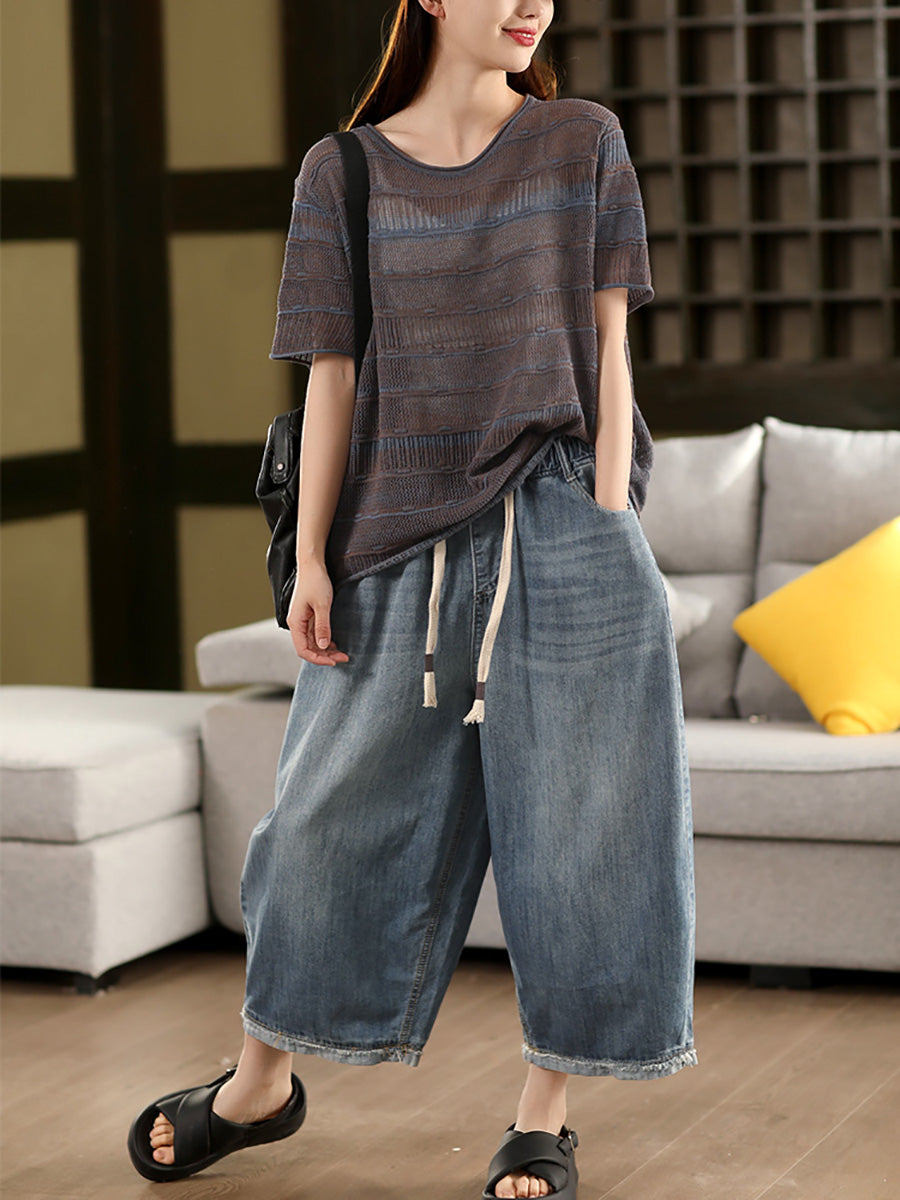 Summer O-Neck Stripe Shirt Knitted Casual Women