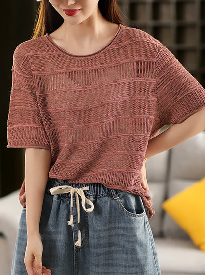 Summer O-Neck Stripe Shirt Knitted Casual Women