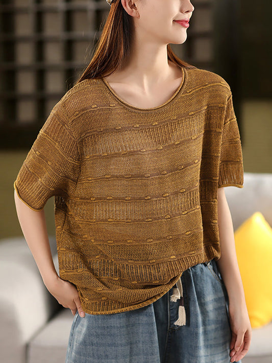 Summer O-Neck Stripe Shirt Knitted Casual Women