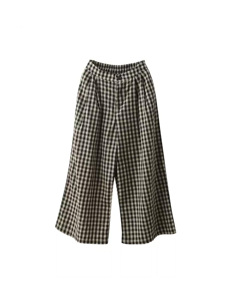 Pants Summer Women Cotton Wide-leg Vintage Plaid