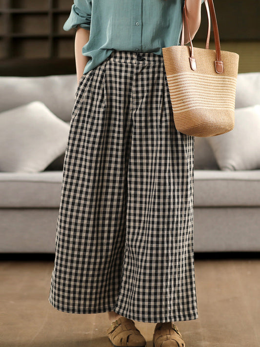 Pants Summer Women Cotton Wide-leg Vintage Plaid