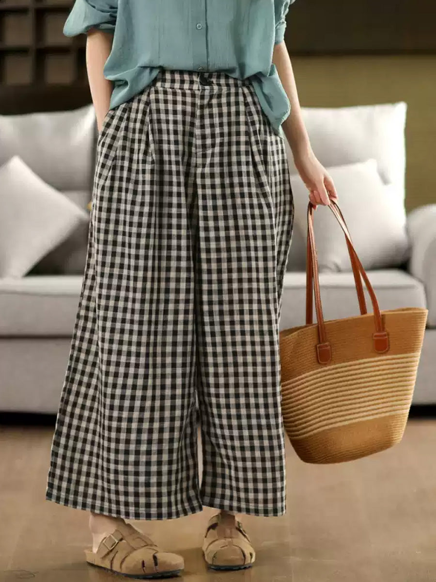 Pants Summer Women Cotton Wide-leg Vintage Plaid