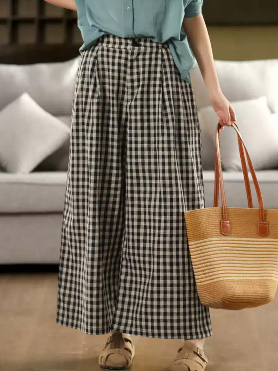 Pants Summer Women Cotton Wide-leg Vintage Plaid