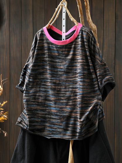 Women Stripe Colorblock Summer Shirt O-Neck Casual