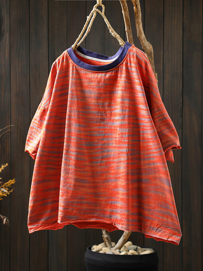 Women Stripe Colorblock Summer Shirt O-Neck Casual