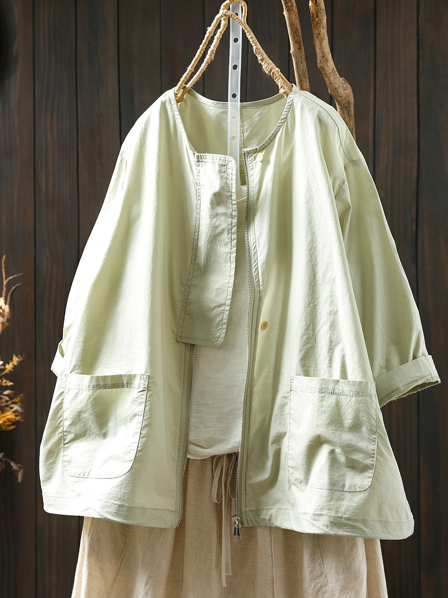 Coat O-Neck Women Color Shirt Zipper Summer Pure