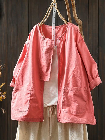 Coat O-Neck Women Color Shirt Zipper Summer Pure