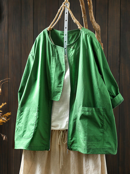 Coat O-Neck Women Color Shirt Zipper Summer Pure