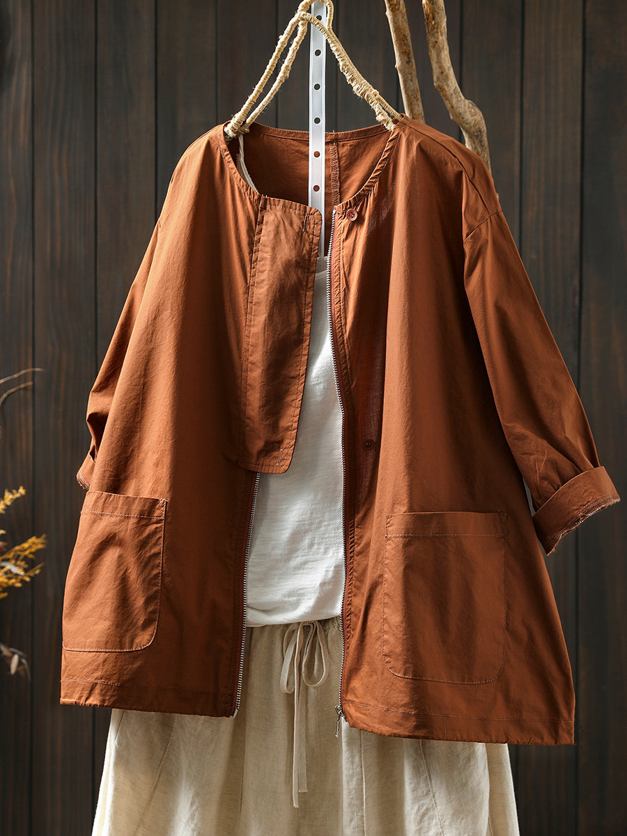 Coat O-Neck Women Color Shirt Zipper Summer Pure