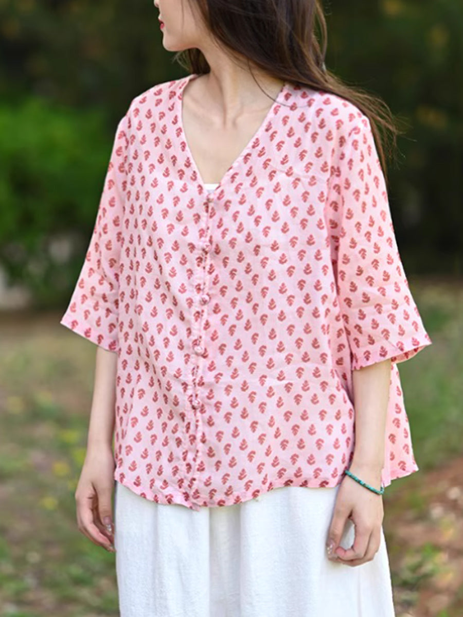 Floral Summer 100%Ramie Shirt Vintage V-Neck Women