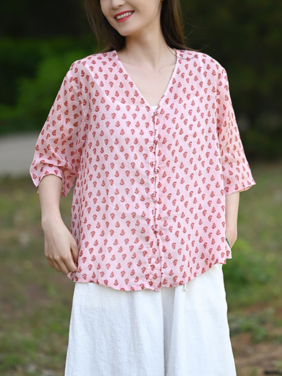 Floral Summer 100%Ramie Shirt Vintage V-Neck Women