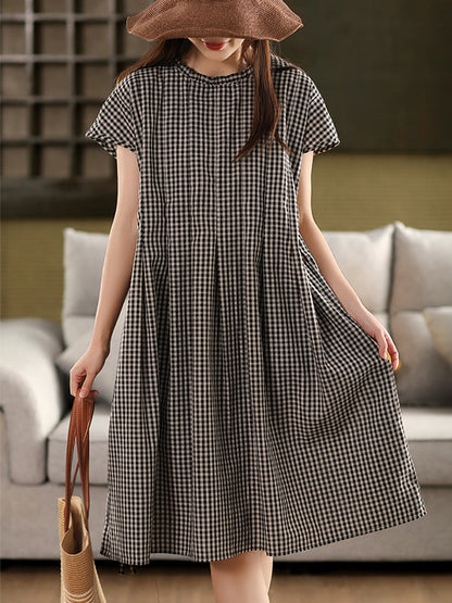 Women 100%Cotton Vintage Collar Plaid Dress Stand Summer