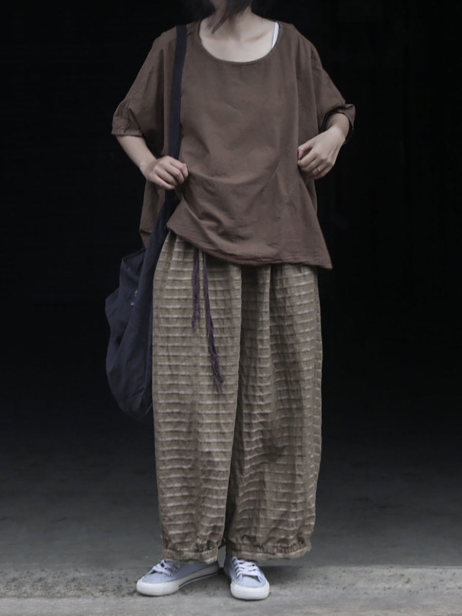 Summer Women Stripe Pants Wide-leg Retro Ramie