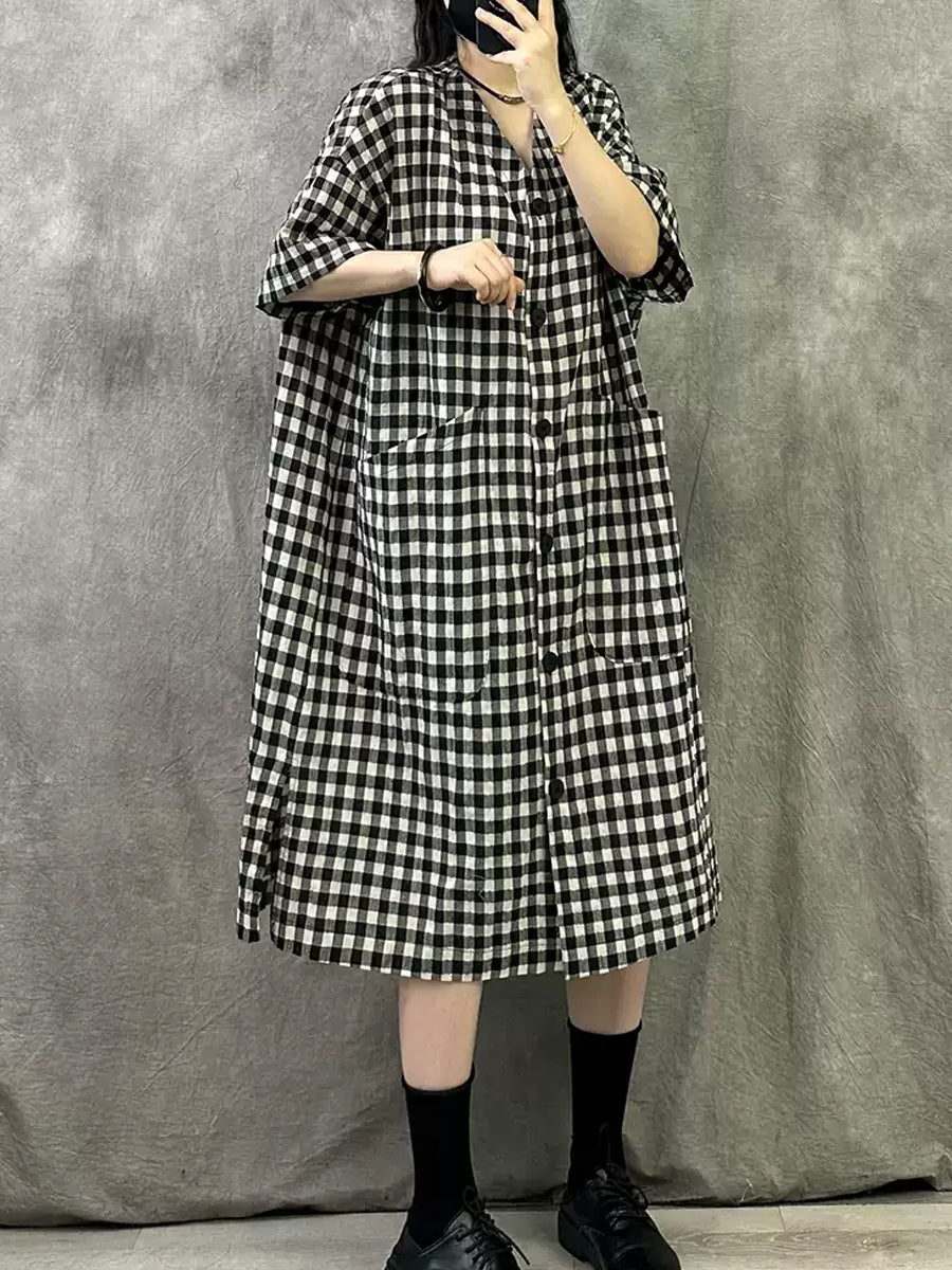 Summer V-Neck Dress Women Plaid Vintage