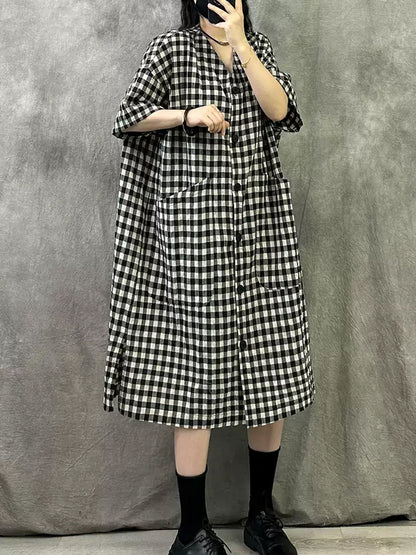 Summer V-Neck Dress Women Plaid Vintage