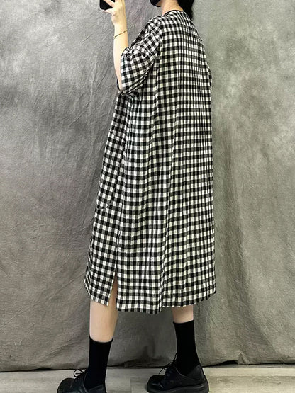 Summer V-Neck Dress Women Plaid Vintage