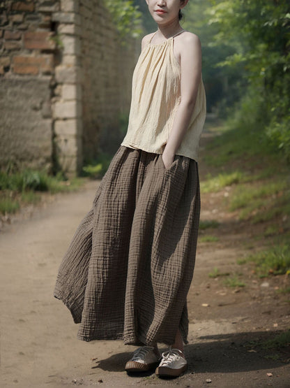 Women 100%Cotton Pure Color Retro Summer Skirt