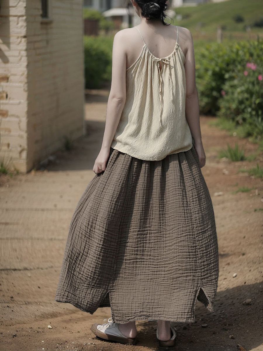 Women 100%Cotton Pure Color Retro Summer Skirt