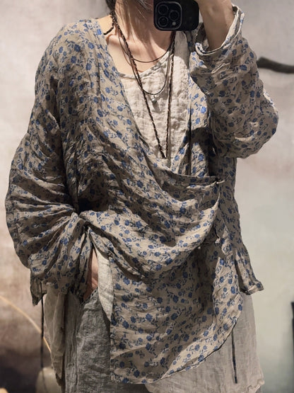 Vintage Shirt Stripe Floral Summer V-Neck Women Ramie