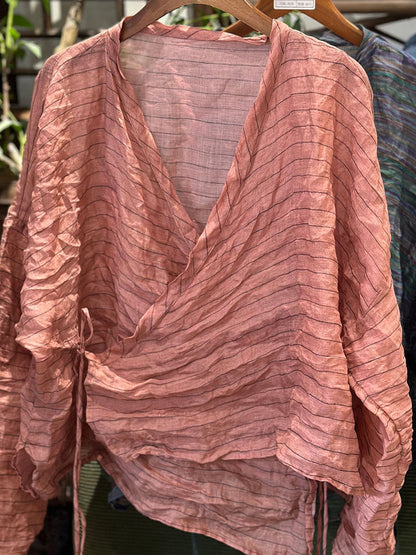 Vintage Shirt Stripe Floral Summer V-Neck Women Ramie