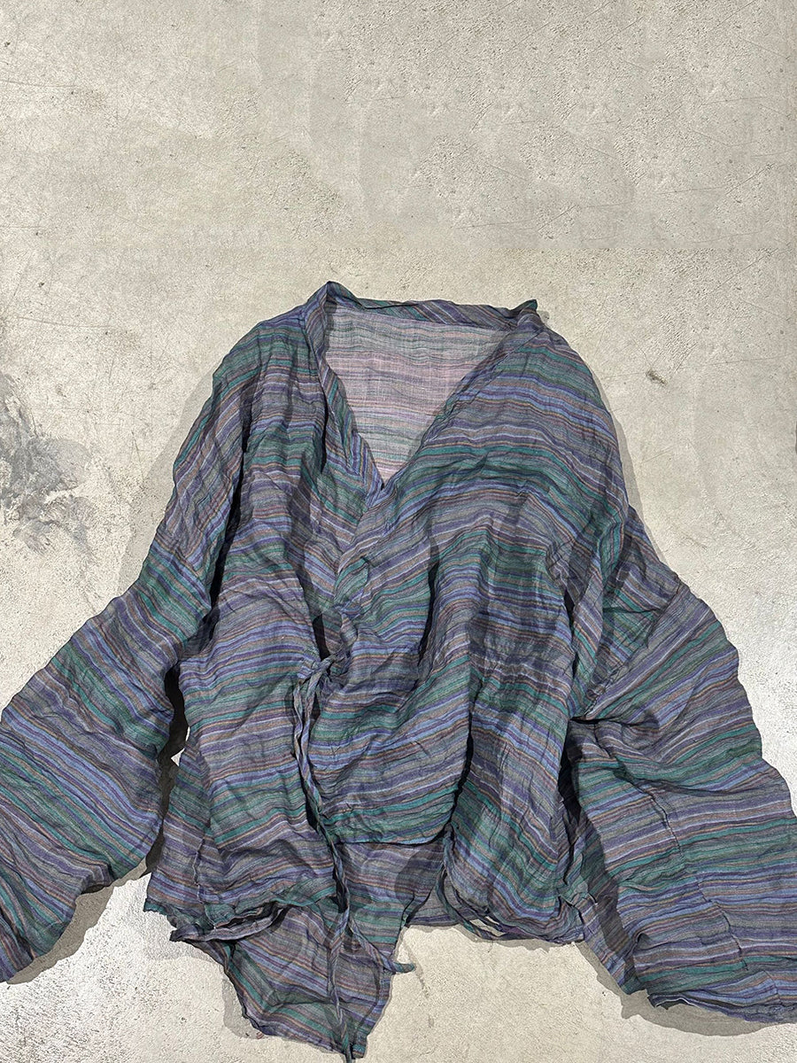 Vintage Shirt Stripe Floral Summer V-Neck Women Ramie