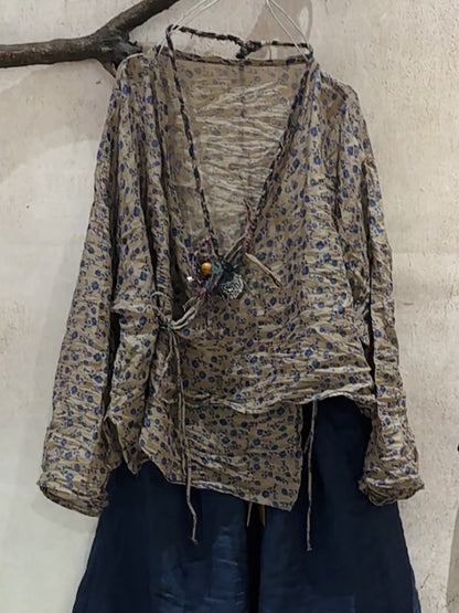 Vintage Shirt Stripe Floral Summer V-Neck Women Ramie