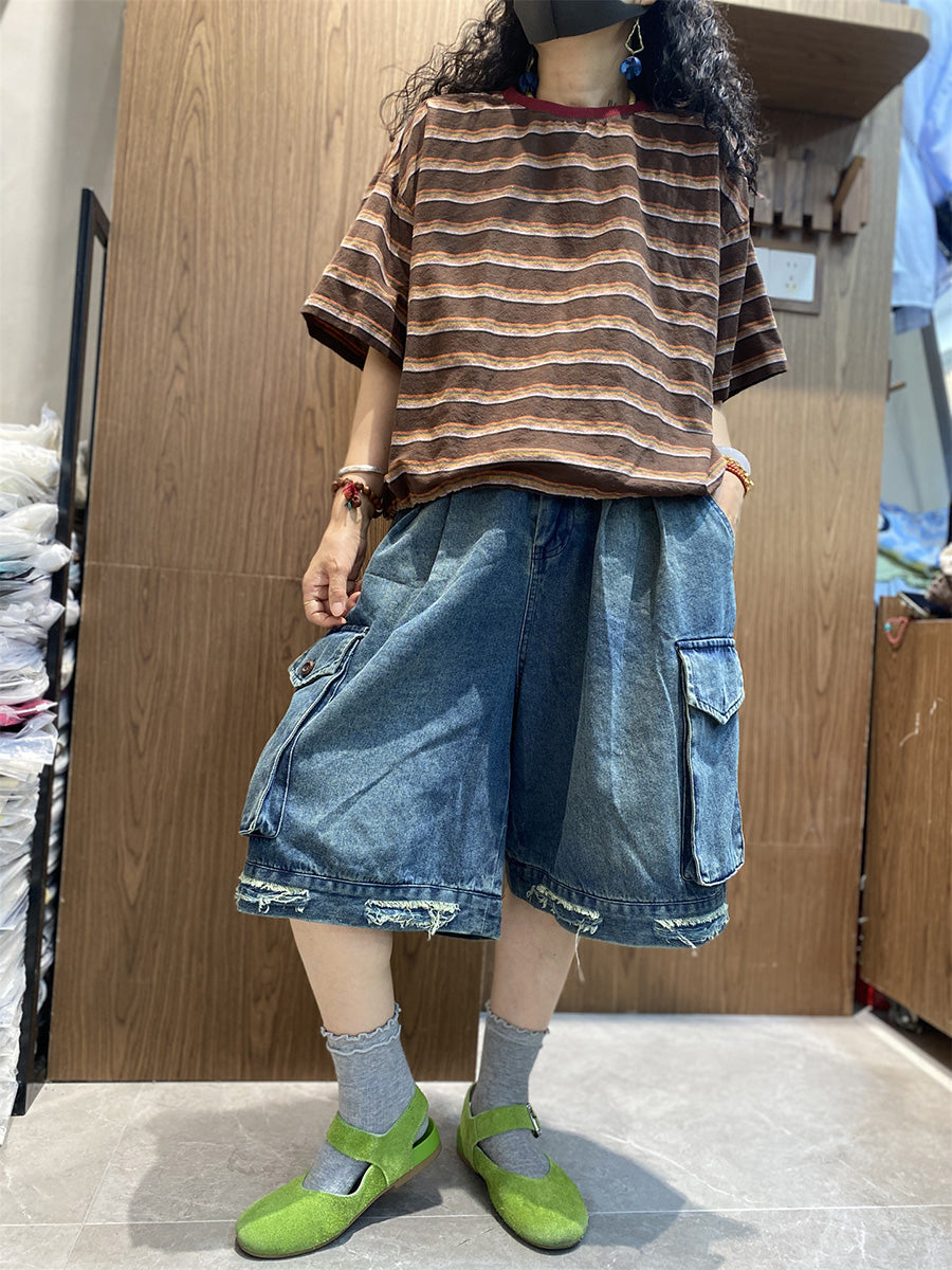 Women Cotton Stripe Retro O-Neck Summer Shirt