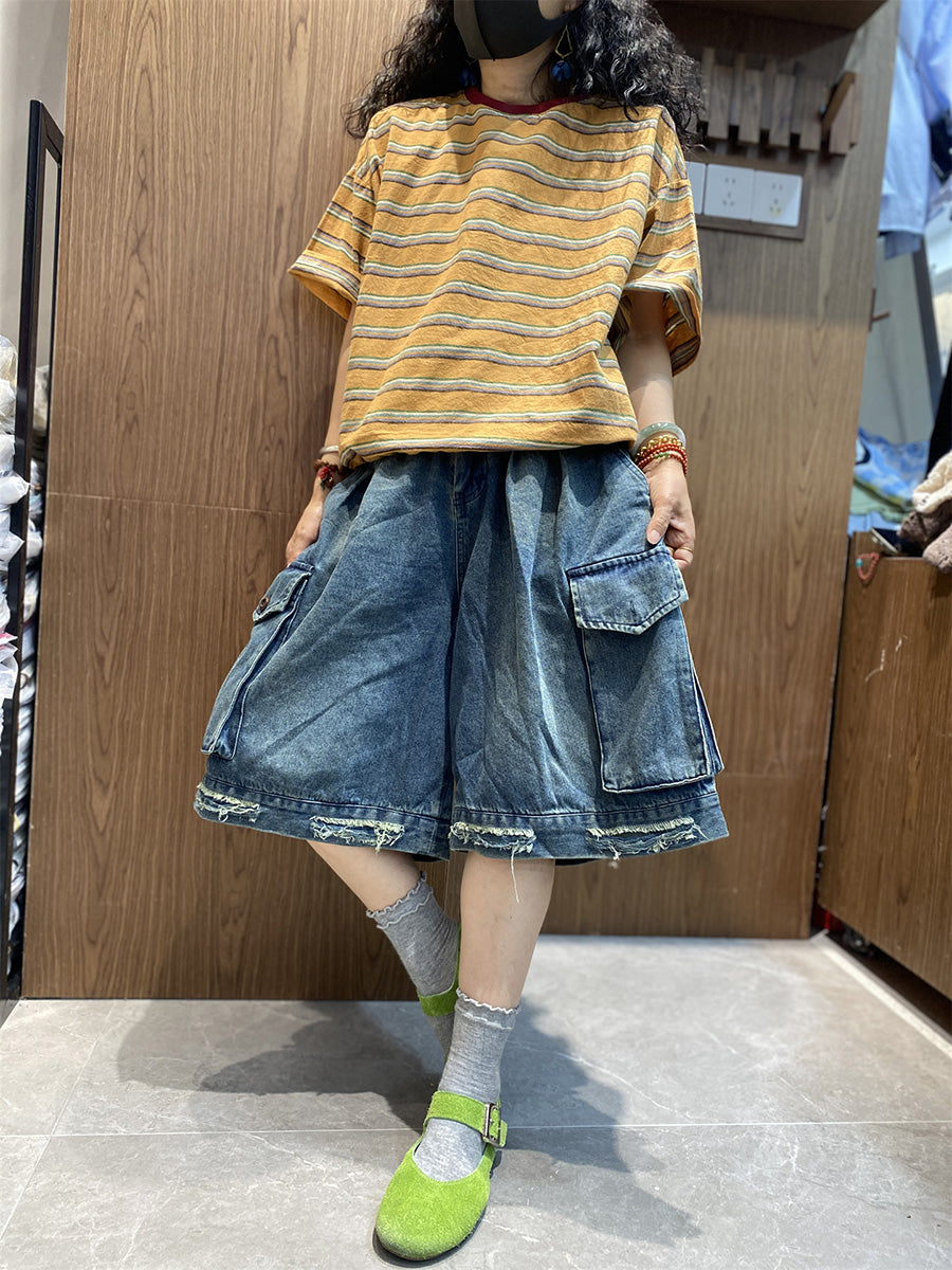 Women Cotton Stripe Retro O-Neck Summer Shirt