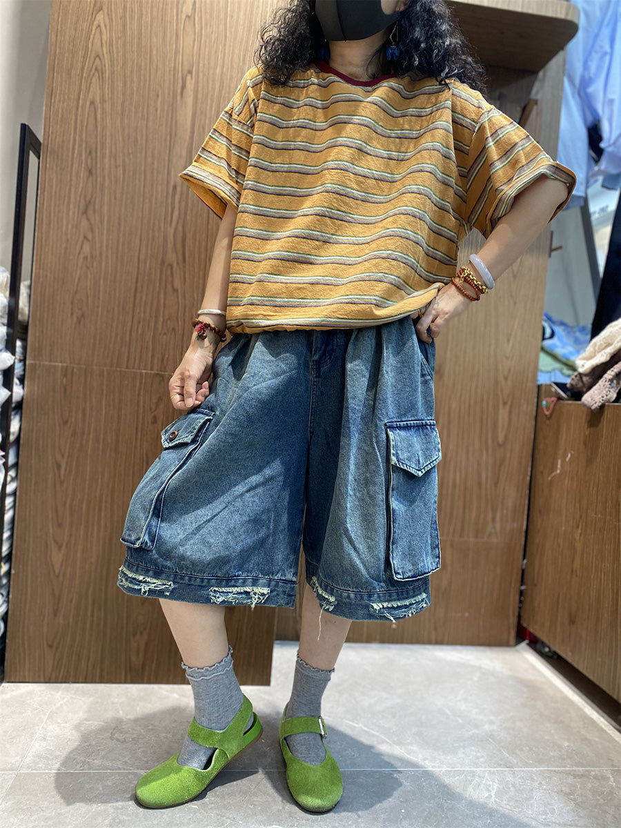 Women Cotton Stripe Retro O-Neck Summer Shirt