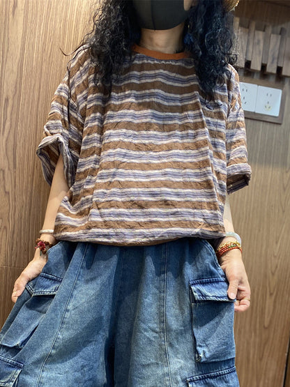 Women Cotton Stripe Retro O-Neck Summer Shirt