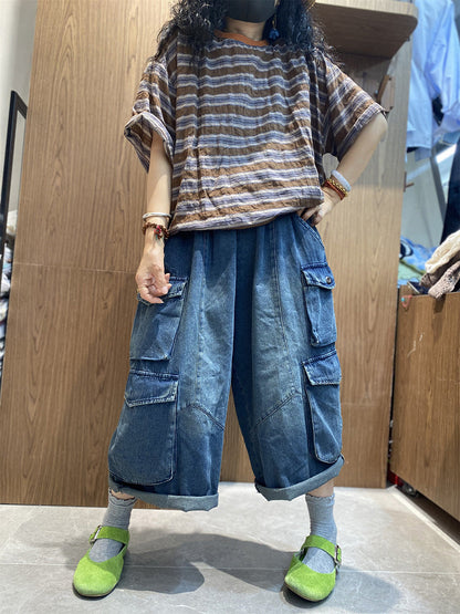 Women Cotton Stripe Retro O-Neck Summer Shirt