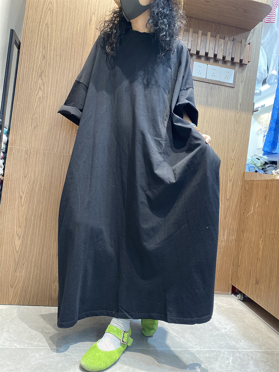 Casual Color Pure Women Dress O-Neck Cotton Maxi Summer