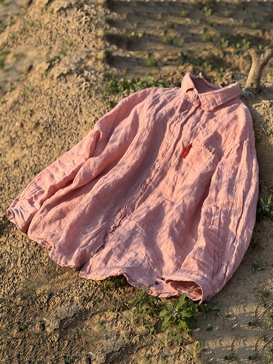 Summer Women Pure Turn-down Linen Color Retro Collar Shirt