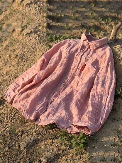 Summer Women Pure Turn-down Linen Color Retro Collar Shirt