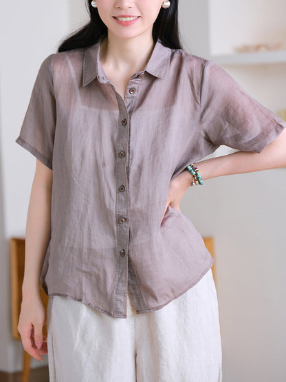 Collar Turn-down Summer Women Shirt Color Pure 100%Ramie