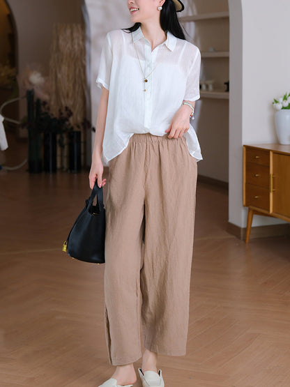 Collar Turn-down Summer Women Shirt Color Pure 100%Ramie