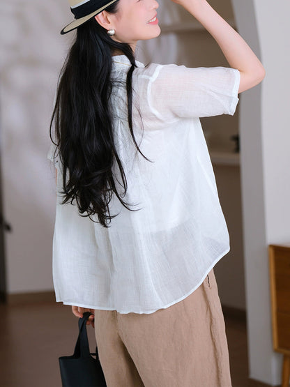 Collar Turn-down Summer Women Shirt Color Pure 100%Ramie