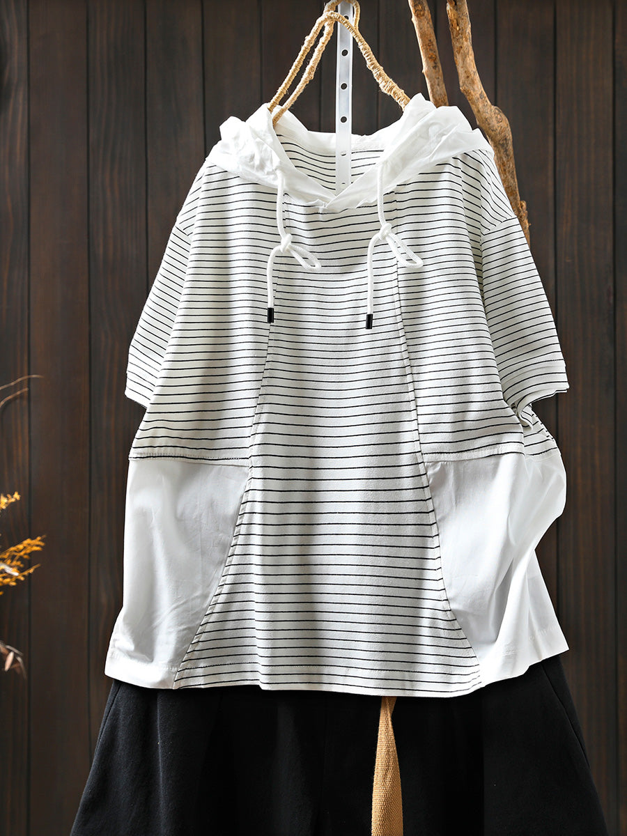 Spliced Cotton Shirt Summer Hooded Stripe Casual Women