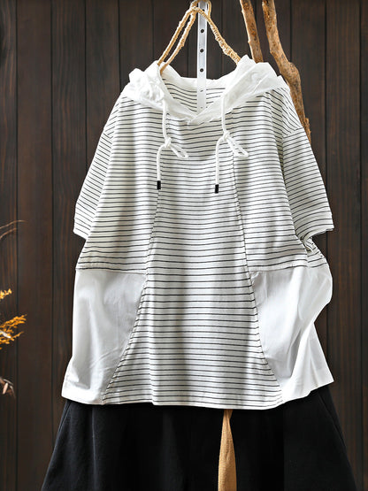 Spliced Cotton Shirt Summer Hooded Stripe Casual Women