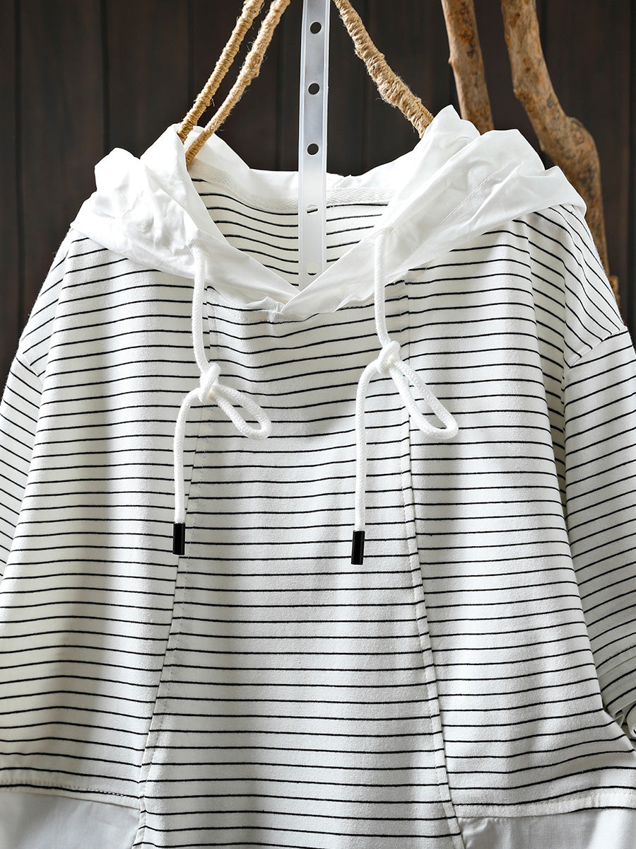 Spliced Cotton Shirt Summer Hooded Stripe Casual Women