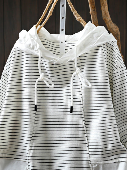 Spliced Cotton Shirt Summer Hooded Stripe Casual Women