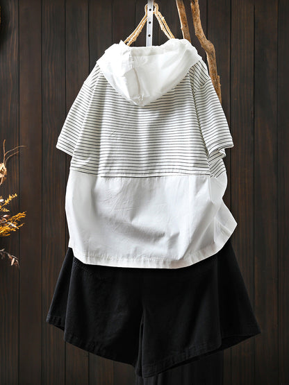 Spliced Cotton Shirt Summer Hooded Stripe Casual Women