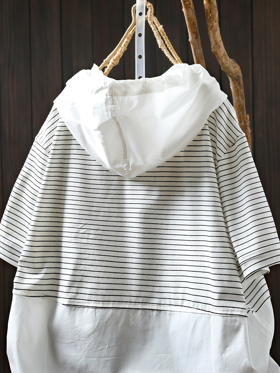 Spliced Cotton Shirt Summer Hooded Stripe Casual Women