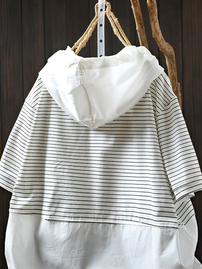 Spliced Cotton Shirt Summer Hooded Stripe Casual Women